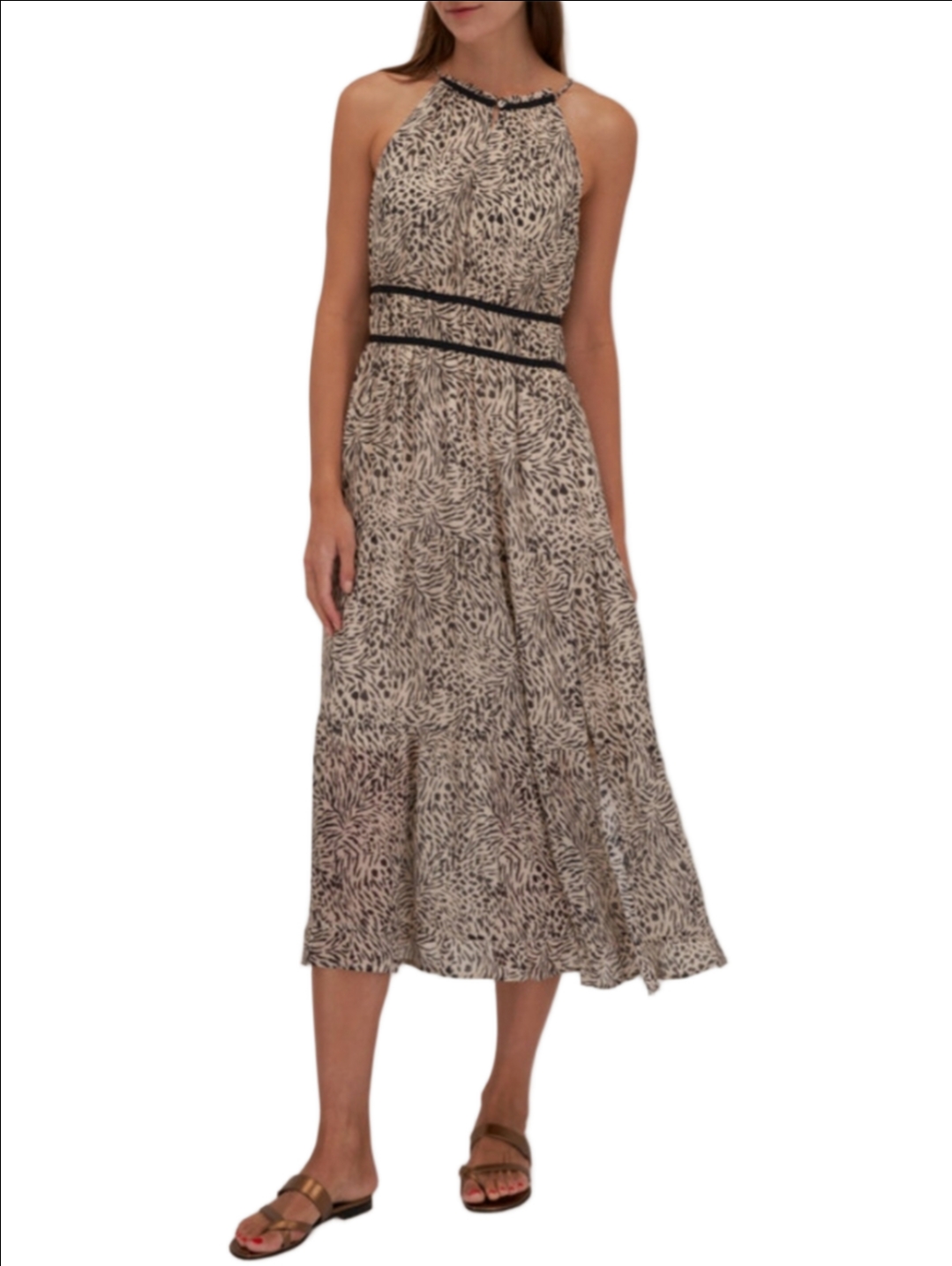 Paige Esmerelda 100% Silk Animal-Print Maxi Dress Halter Elastic Waist Flowy Hem
